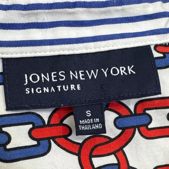 Jones New York Red Blue Geometric Chain Link Button Down Shirt Size S - Picture 7 of 8
